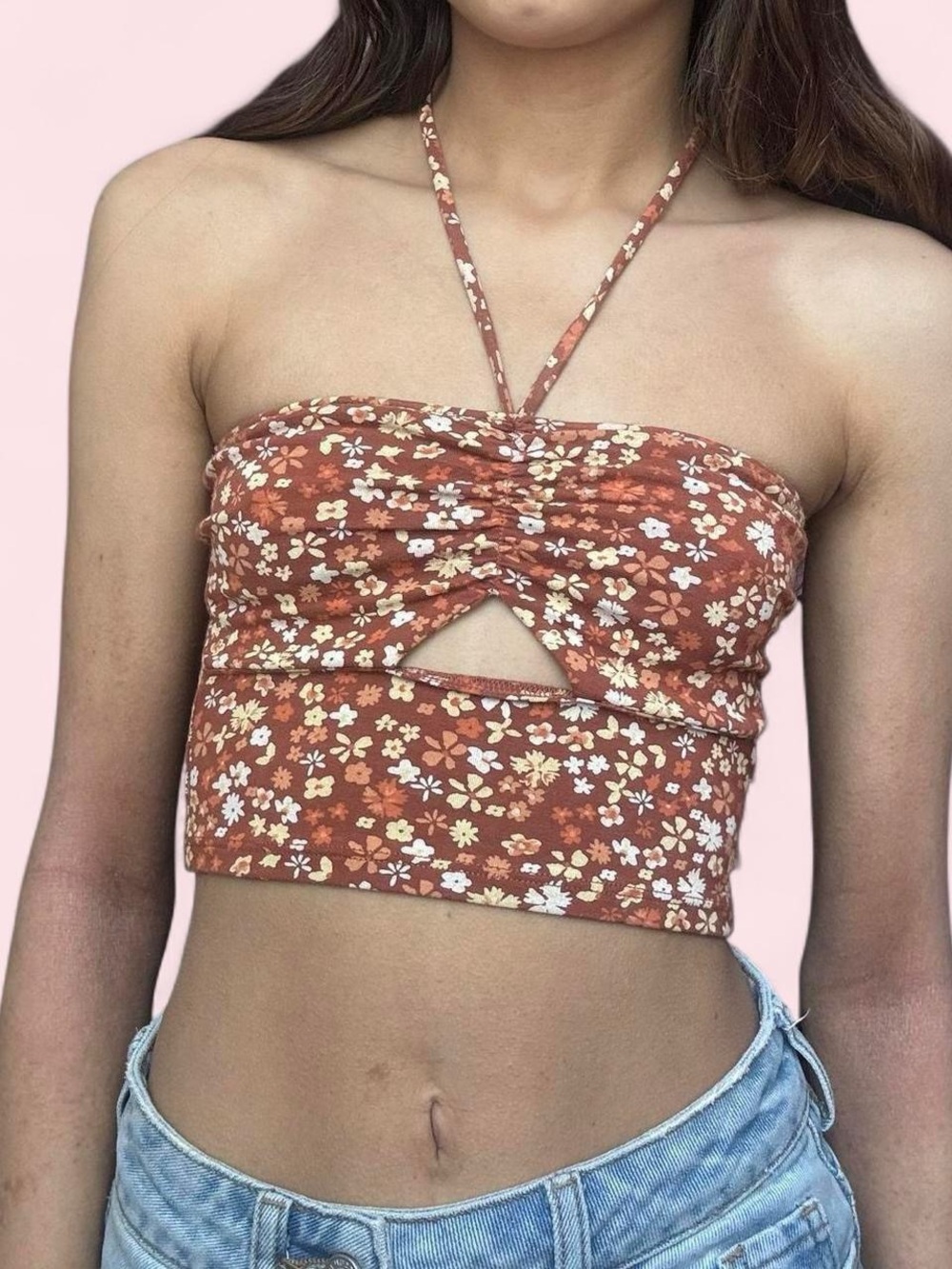 Hollister Brown & Orange Floral Halter Crop Top